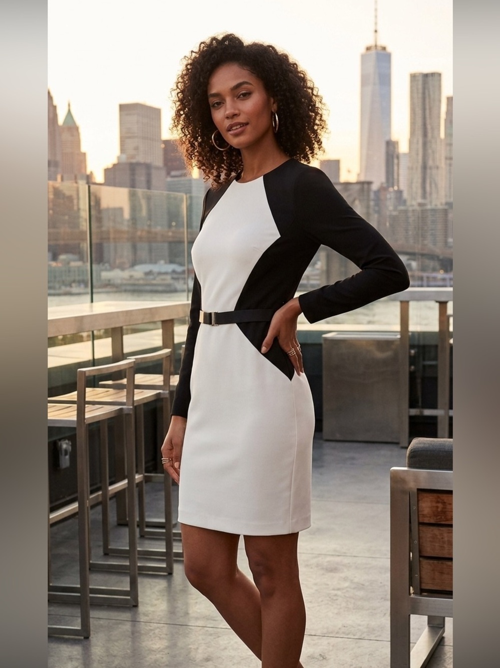 NWT- DKNY Black and White Long Sleeve Colorblock Sheath Dress Size 8